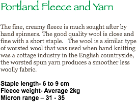 Portland Fleece and Yarn The fine, creamy fleece is much sought after by hand spinners. The good quality wool is close and fine with a short staple. The wool is a similar type of worsted wool that was used when hand knitting was a cottage industry in the English countryside, the worsted spun yarn produces a smoother less woolly fabric. Staple length- 6 to 9 cm
Fleece weight- Average 2kg
Micron range – 31 - 35