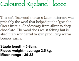 Coloured Ryeland Fleece This soft fine wool known a Leominster ore was probably the wool that helped put he 'great' in Great Britain. Shades vary from silver to deep chocolate. The wool does resist felting but is absolutely wonderful to spin producing warm bouncy yarns. Staple length - 5-8cm. Fleece weight - average 2.5 kg. Micon range - 30-32